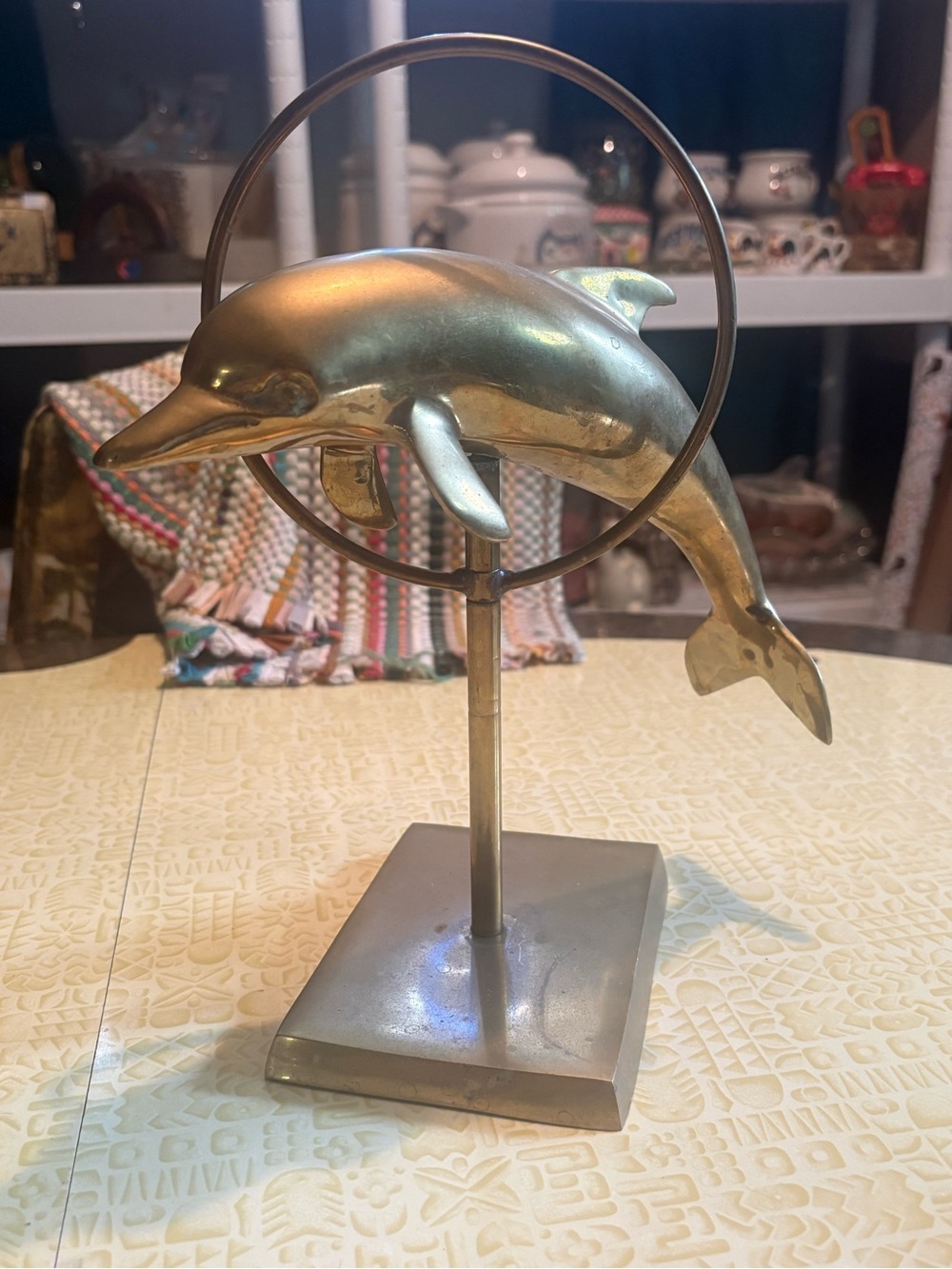 Vintage Brass Dolphin Ring Sculpture - Gold Home Art Accent